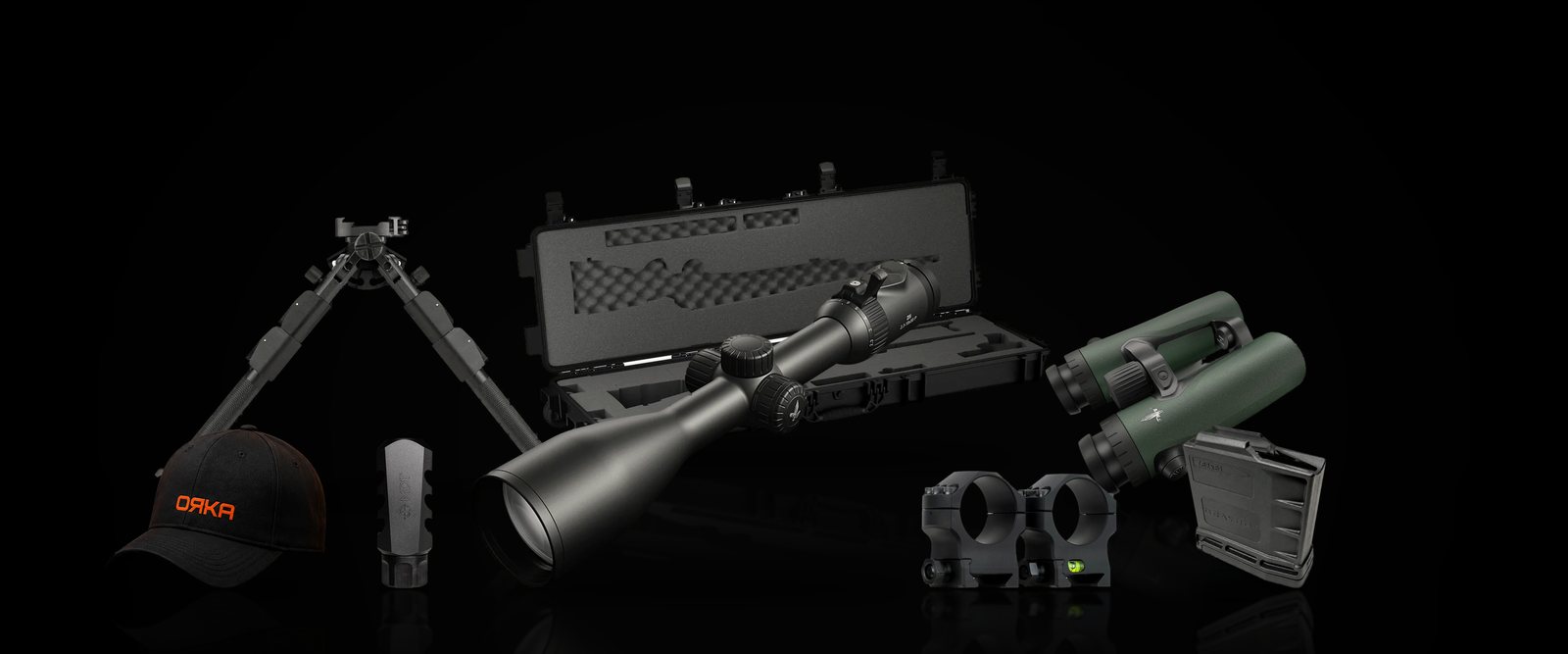 OЯKA store line-up: Swarovski riflescope, MDT rings, brake and bipod, rifle case, Hodgdon powder, cartridges and the OЯKA field cap